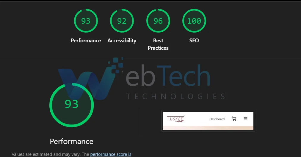 Lighthouse mobile report showing high performance, accessibility, best practices and SEO scores